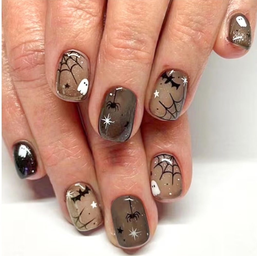 2/$10 Spooky Halloween Brown Ombre False Nail Set with Ghosts & Spiders